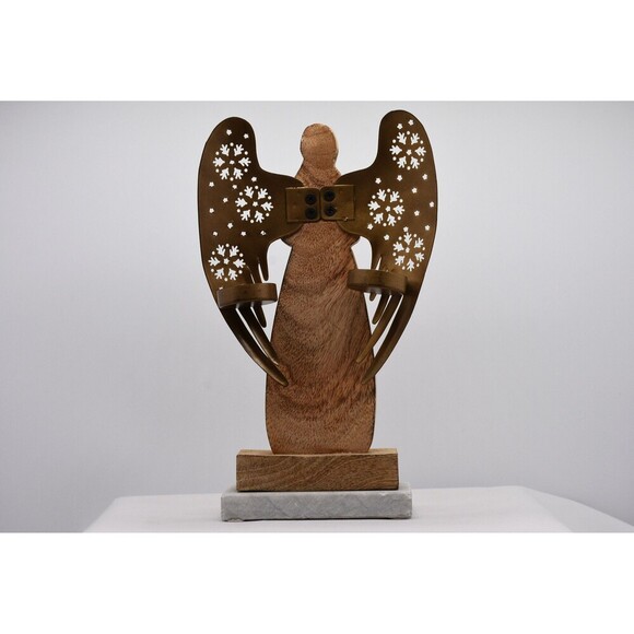 Tea Light Wooden Angel with Gold Metal Wings on Marble base - Picture 4 of 4